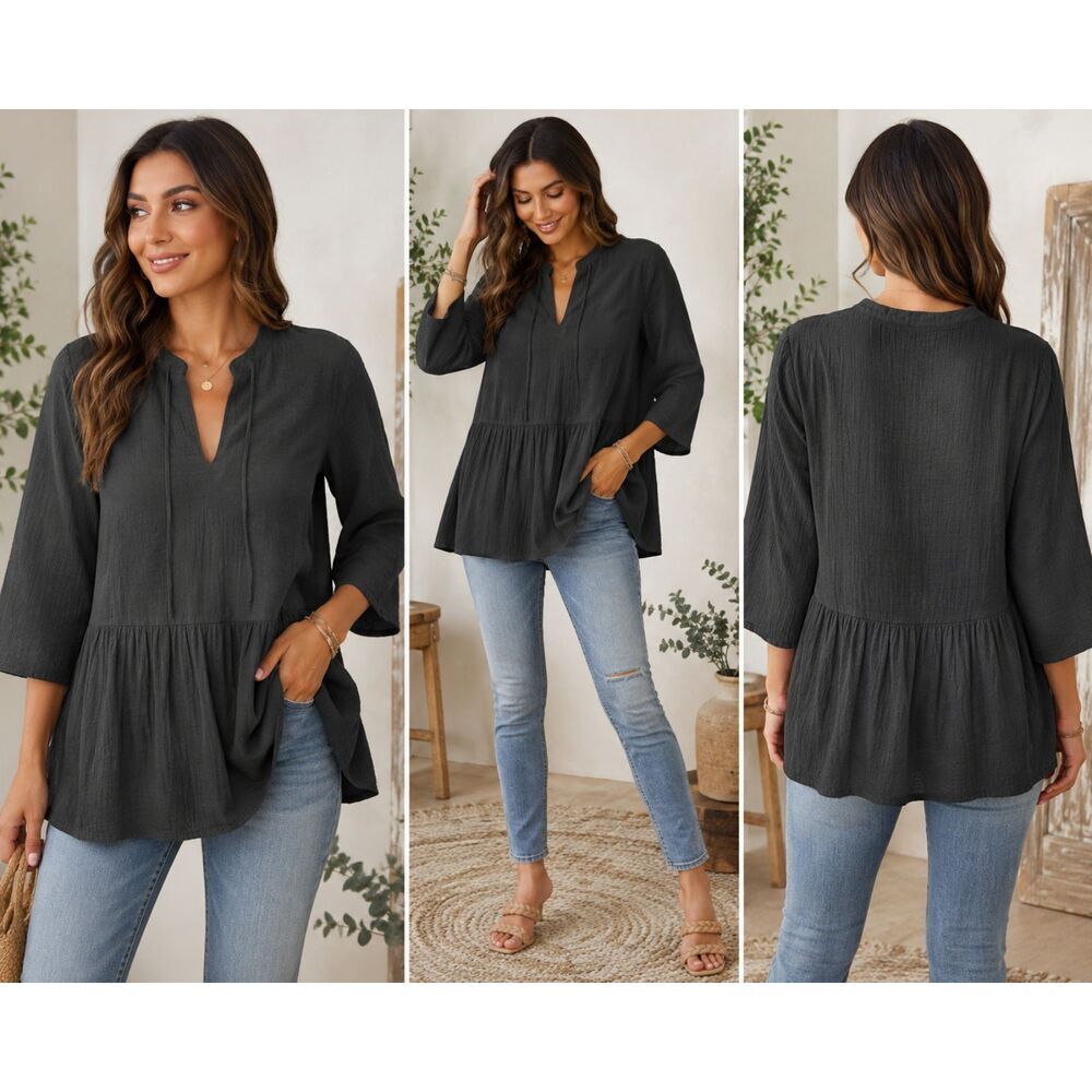 The Drop Black Cotton Gauze Peplum Tunic Top Women's M Boho 3/4 Sleeve